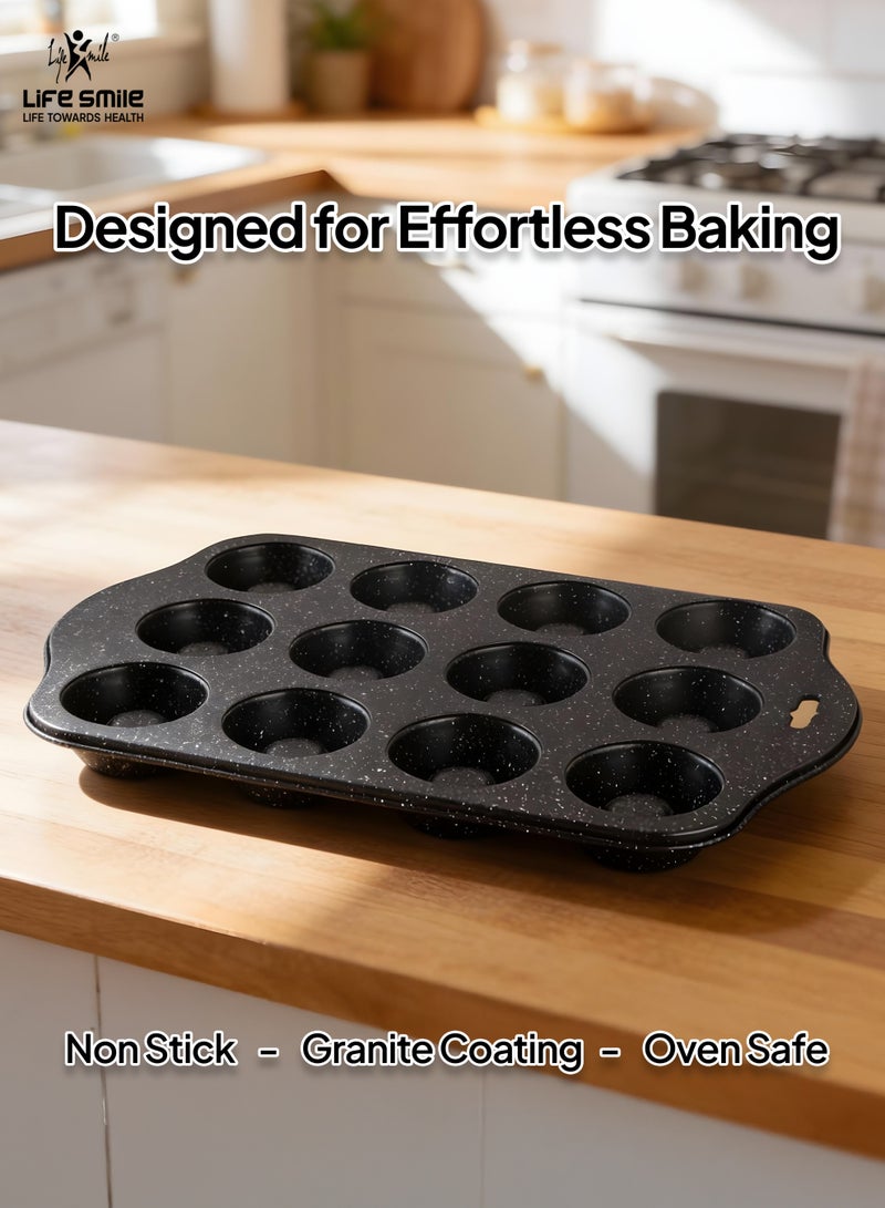 Life Smile Non-Stick Carbon Steel 12-Cup Muffin Pan with Granite Coating – Oven Safe Baking Tray - Image 3